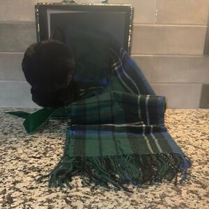 Vince Camuto Green and Blue Plaid Scarf with Black Ear Muffs